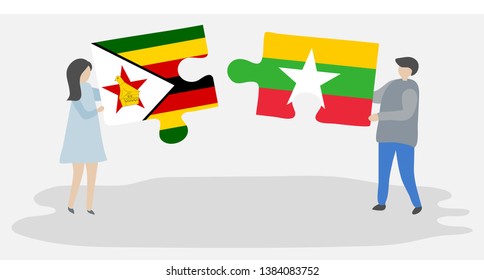 Couple holding two puzzles pieces with Zimbabwean and Burmese flags. Zimbabwe and Myanmar national symbols together.
