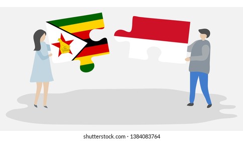 Couple holding two puzzles pieces with Zimbabwean and Monegasque flags. Zimbabwe and Monaco national symbols together.