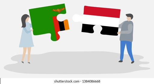 Couple holding two puzzles pieces with Zambian and Yemeni flags. Zambia and Yemen national symbols together.