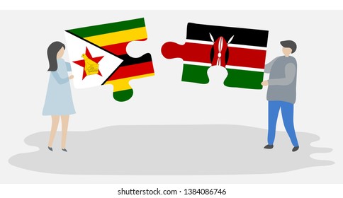 Couple holding two puzzles pieces with Zimbabwean and Kenyan flags. Zimbabwe and Kenya national symbols together.