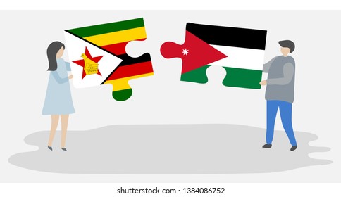 Couple holding two puzzles pieces with Zimbabwean and Jordanian flags. Zimbabwe and Jordan national symbols together.