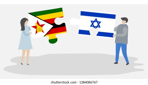 Couple holding two puzzles pieces with Zimbabwean and Israeli flags. Zimbabwe and Israel national symbols together.