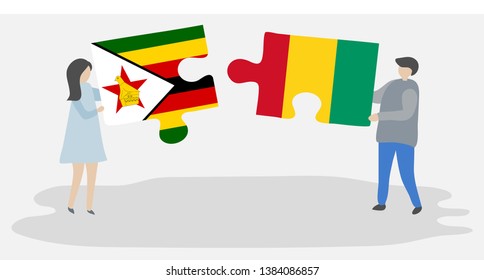 Couple holding two puzzles pieces with Zimbabwean and Guinean flags. Zimbabwe and Guinea national symbols together.