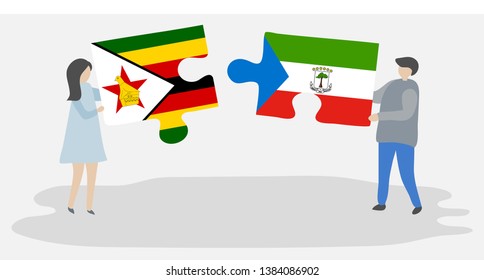 Couple holding two puzzles pieces with Zimbabwean and Equatorial Guinean flags. Zimbabwe and Equatorial Guinea national symbols together.
