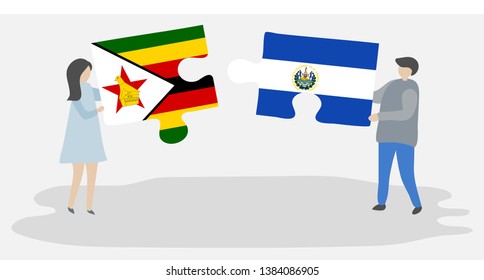 Couple holding two puzzles pieces with Zimbabwean and Salvadoran flags. Zimbabwe and El Salvador national symbols together.