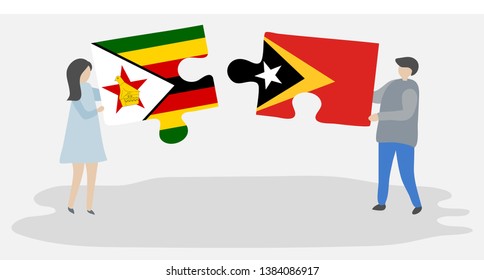 Couple holding two puzzles pieces with Zimbabwean and Timorese flags. Zimbabwe and East Timor national symbols together.