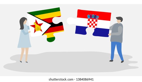 Couple holding two puzzles pieces with Zimbabwean and Croatian flags. Zimbabwe and Croatia national symbols together.