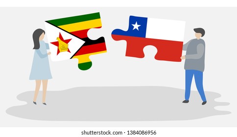 Couple holding two puzzles pieces with Zimbabwean and Chilean flags. Zimbabwe and Chile national symbols together.