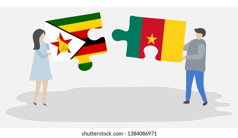 Couple holding two puzzles pieces with Zimbabwean and Cameroonian flags. Zimbabwe and Cameroon national symbols together.