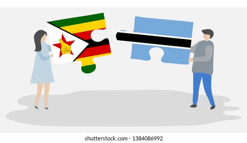 Couple holding two puzzles pieces with Zimbabwean and Motswana flags. Zimbabwe and Botswana national symbols together.