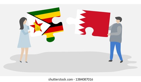 Couple holding two puzzles pieces with Zimbabwean and Bahraini flags. Zimbabwe and Bahrain national symbols together.