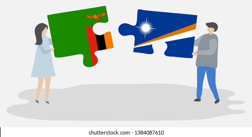Couple holding two puzzles pieces with Zambian and Marshallese flags. Zambia and Marshall Islands national symbols together.