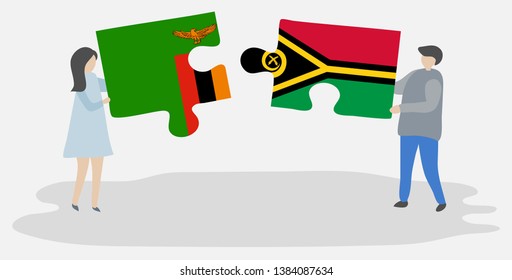 Couple holding two puzzles pieces with Zambian and Vanuatuan flags. Zambia and Vanuatu national symbols together.