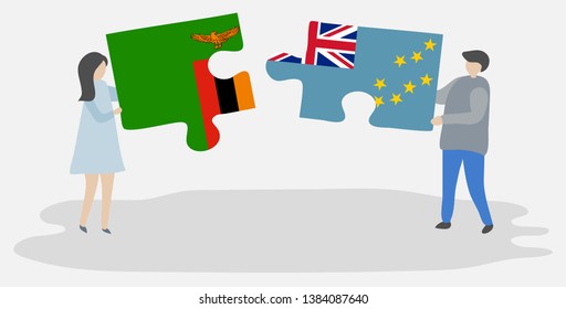 Couple holding two puzzles pieces with Zambian and Tuvaluan flags. Zambia and Tuvalu national symbols together.