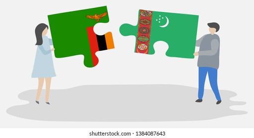 Couple holding two puzzles pieces with Zambian and Turkmen flags. Zambia and Turkmenistan national symbols together.