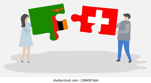 Couple holding two puzzles pieces with Zambian and Swiss flags. Zambia and Switzerland national symbols together.