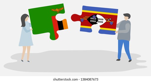 Couple holding two puzzles pieces with Zambian and Swazi flags. Zambia and Swaziland national symbols together.