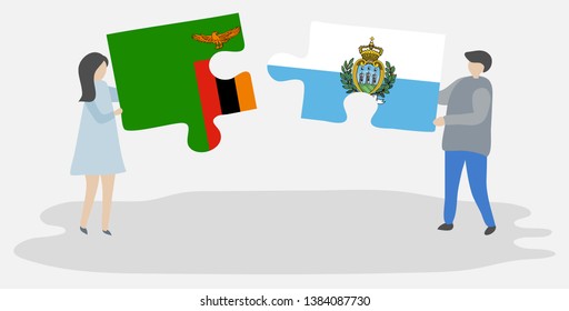 Couple holding two puzzles pieces with Zambian and Sammarinese flags. Zambia and San Marino national symbols together.