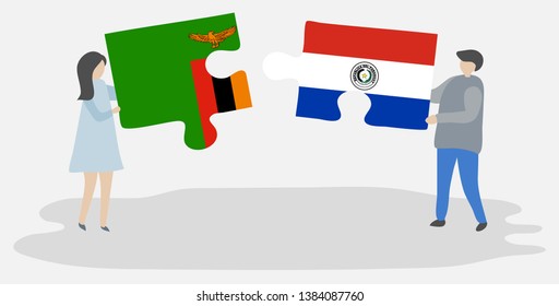 Couple holding two puzzles pieces with Zambian and Paraguayan flags. Zambia and Paraguay national symbols together.