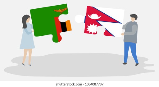 Couple holding two puzzles pieces with Zambian and Nepalese flags. Zambia and Nepal national symbols together.