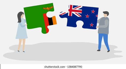 Couple holding two puzzles pieces with Zambian and NZ flags. Zambia and New Zealand national symbols together.