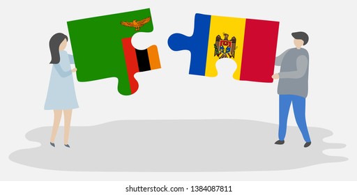 Couple holding two puzzles pieces with Zambian and Moldovan flags. Zambia and Moldova national symbols together.