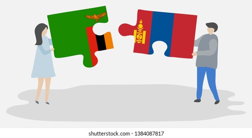 Couple holding two puzzles pieces with Zambian and Mongolian flags. Zambia and Mongolia national symbols together.