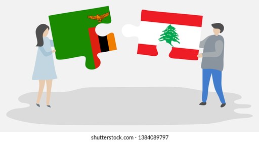 Couple holding two puzzles pieces with Zambian and Lebanese flags. Zambia and Lebanon national symbols together.