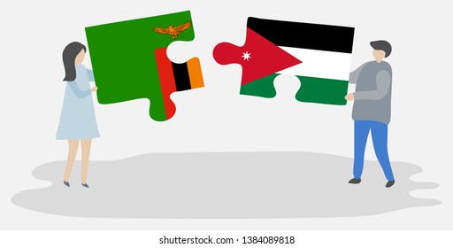 Couple holding two puzzles pieces with Zambian and Jordanian flags. Zambia and Jordan national symbols together.