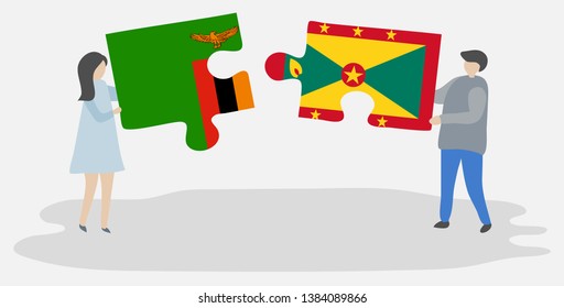 Couple holding two puzzles pieces with Zambian and Grenadian flags. Zambia and Grenada national symbols together.