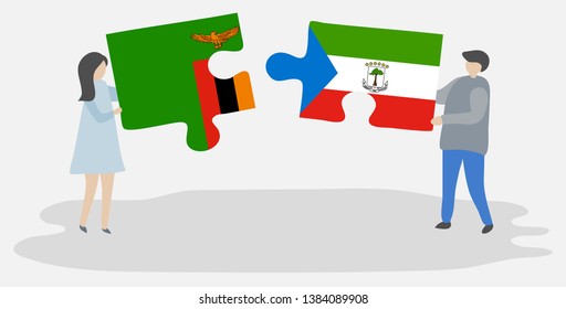 Couple holding two puzzles pieces with Zambian and Equatorial Guinean flags. Zambia and Equatorial Guinea national symbols together.