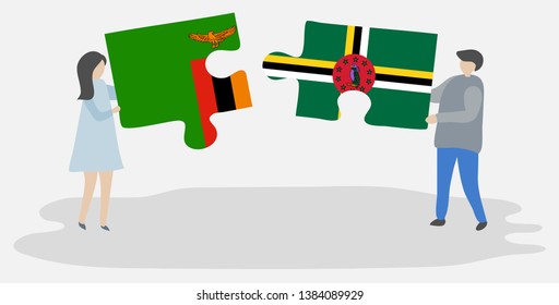 Couple holding two puzzles pieces with Zambian and Dominican flags. Zambia and Dominica national symbols together.