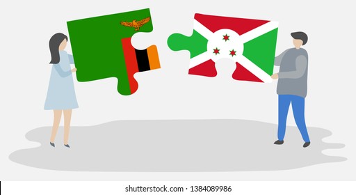 Couple holding two puzzles pieces with Zambian and Burundian flags. Zambia and Burundi national symbols together.