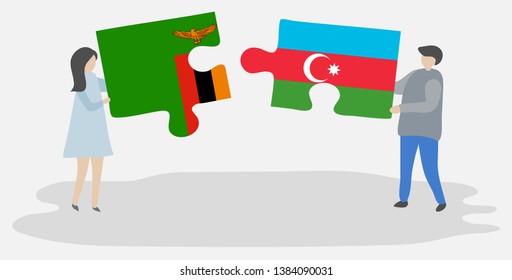 Couple holding two puzzles pieces with Zambian and Azerbaijani flags. Zambia and Azerbaijan national symbols together.