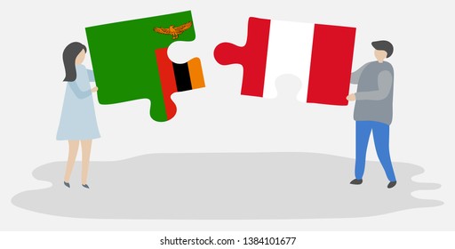 Couple holding two puzzles pieces with Zambian and Peruvian flags. Zambia and Peru national symbols together.