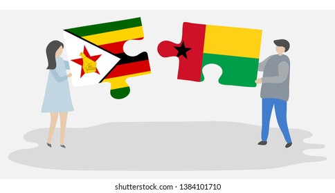 Couple holding two puzzles pieces with Zimbabwean and Bissau-Guinean flags. Zimbabwe and Guinea-Bissau national symbols together.