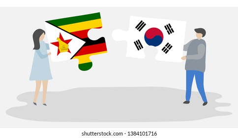 Couple holding two puzzles pieces with Zimbabwean and South Korean flags. Zimbabwe and South Korea national symbols together.