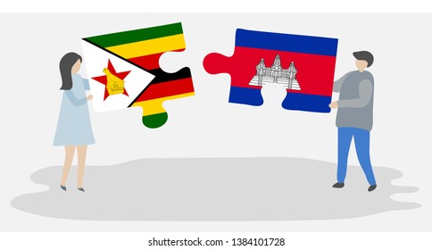 Couple holding two puzzles pieces with Zimbabwean and Cambodian flags. Zimbabwe and Cambodia national symbols together.