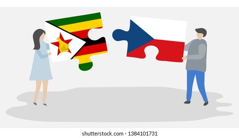 Couple holding two puzzles pieces with Zimbabwean and Czech flags. Zimbabwe and Czech Republic national symbols together.