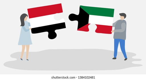 Couple holding two puzzles pieces with Yemeni and Kuwaiti flags. Yemen and Kuwait national symbols together.