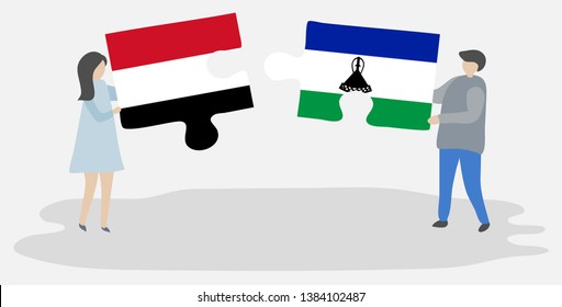 Couple holding two puzzles pieces with Yemeni and Basotho flags. Yemen and Lesotho national symbols together.