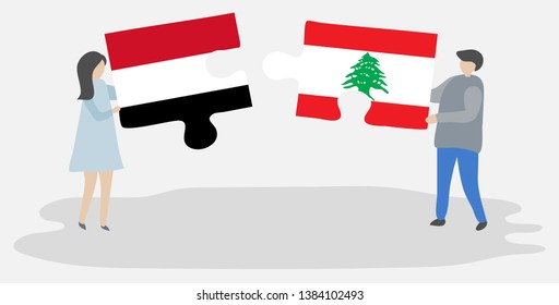 Couple holding two puzzles pieces with Yemeni and Lebanese flags. Yemen and Lebanon national symbols together.