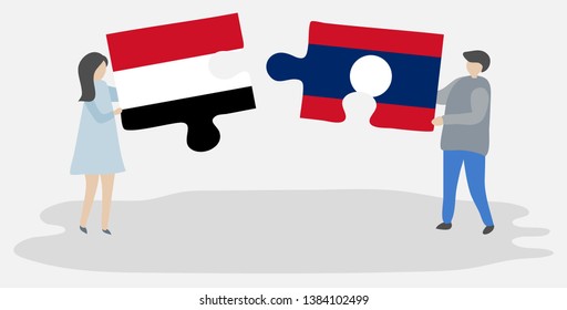 Couple holding two puzzles pieces with Yemeni and Lao flags. Yemen and Laos national symbols together.