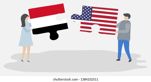 Couple holding two puzzles pieces with Yemeni and American flags. Yemen and United States of America national symbols together.