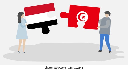 Couple holding two puzzles pieces with Yemeni and Tunisian flags. Yemen and Tunisia national symbols together.