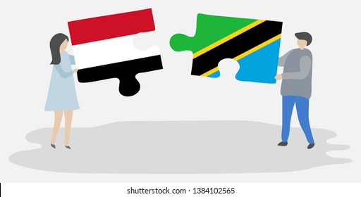 Couple holding two puzzles pieces with Yemeni and Tanzanian flags. Yemen and Tanzania national symbols together.