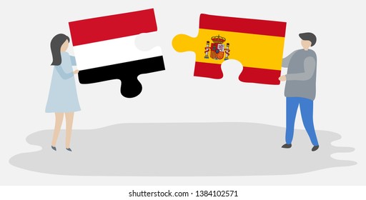 Couple holding two puzzles pieces with Yemeni and Spanish flags. Yemen and Spain national symbols together.