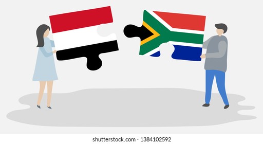 Couple holding two puzzles pieces with Yemeni and South African flags. Yemen and South Africa national symbols together.