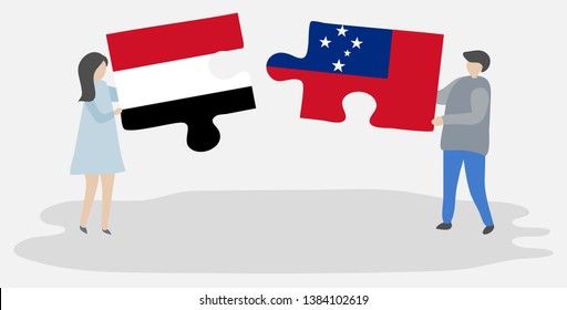 Couple Holding Two Puzzles Pieces With Yemeni And Samoan Flags. Yemen And Samoa National Symbols Together.