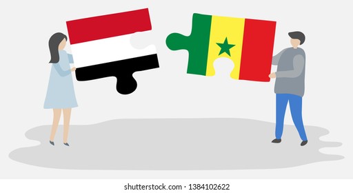 Couple holding two puzzles pieces with Yemeni and Senegalese flags. Yemen and Senegal national symbols together.